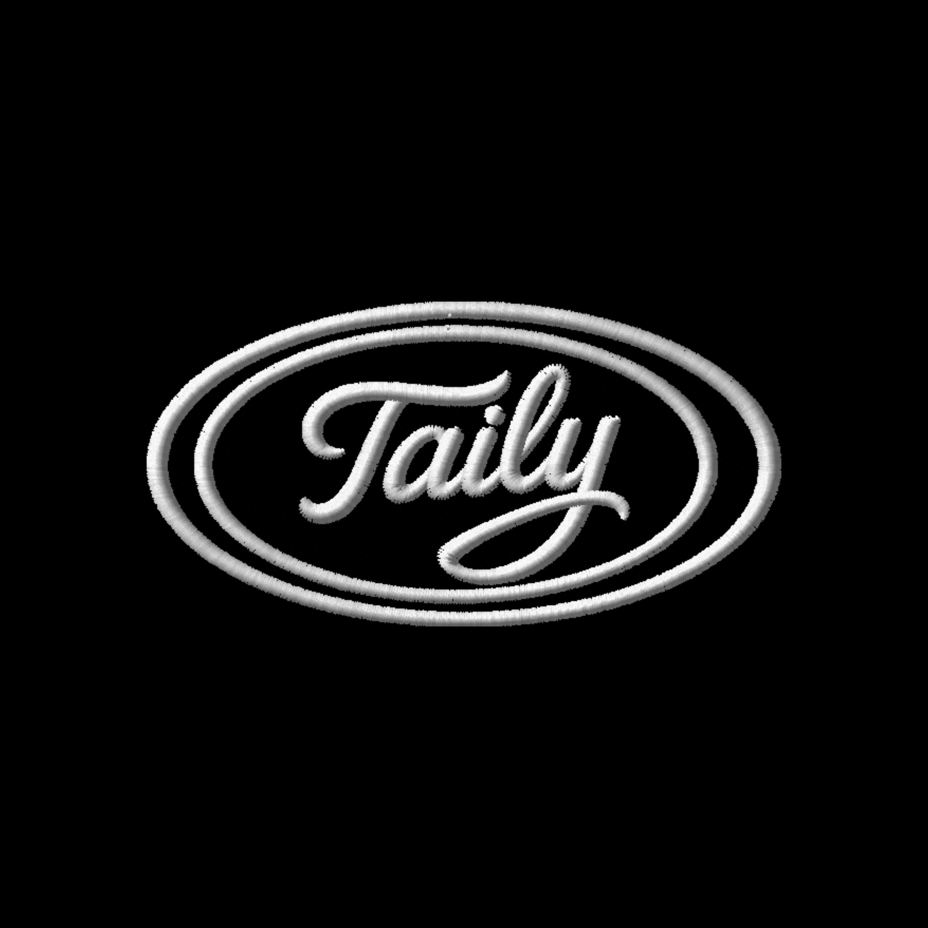 Taily Zip Hoodie logo in elegant embroidery on black background showcasing streetwear style.