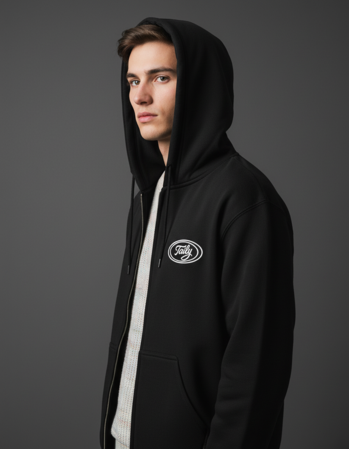 Model wearing the Taily Zip Hoodie in black, showcasing classic embroidered streetwear style.