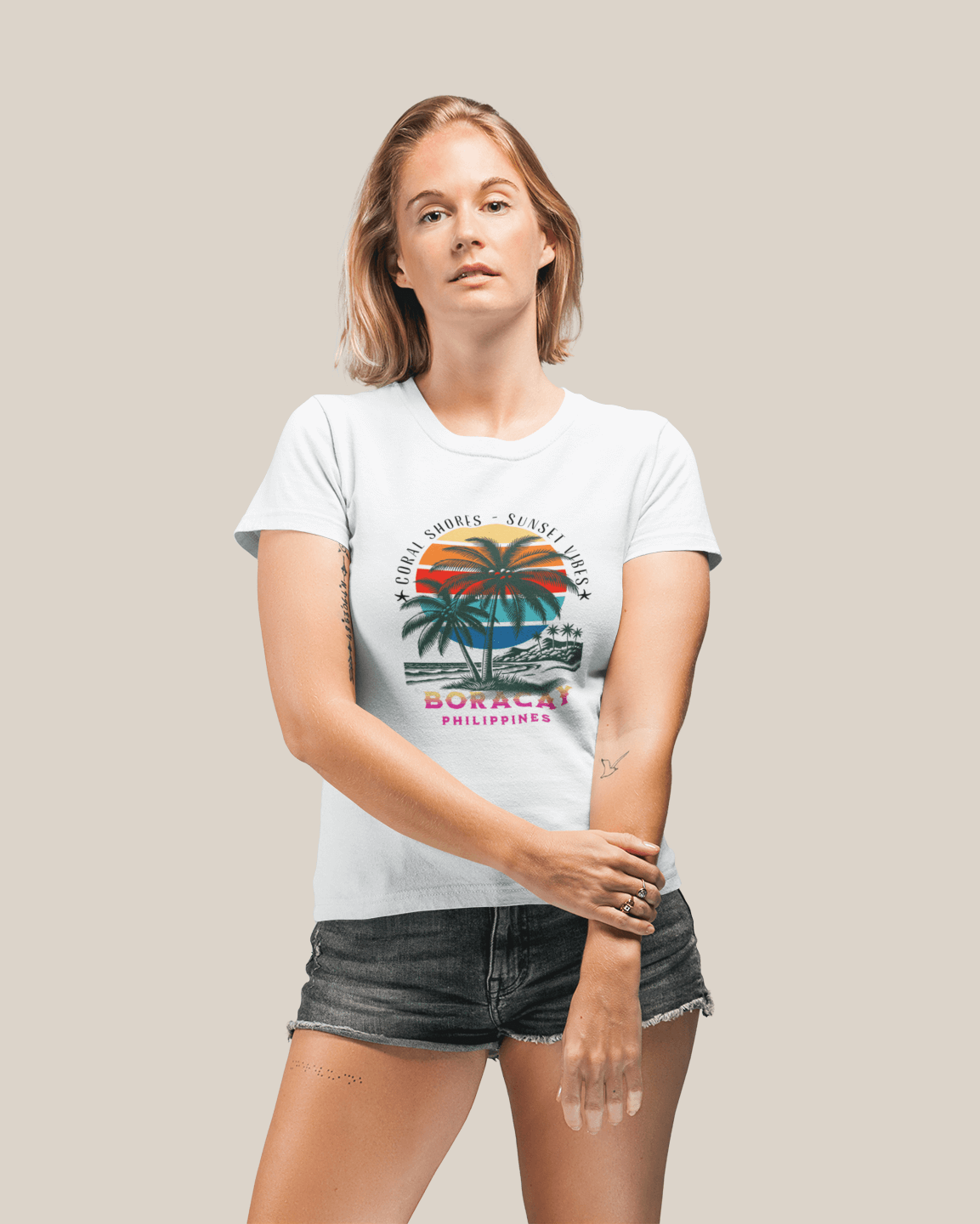 Boracay Sunset Vibes T-Shirt featuring palm trees and vibrant sunset, perfect for summer lovers.