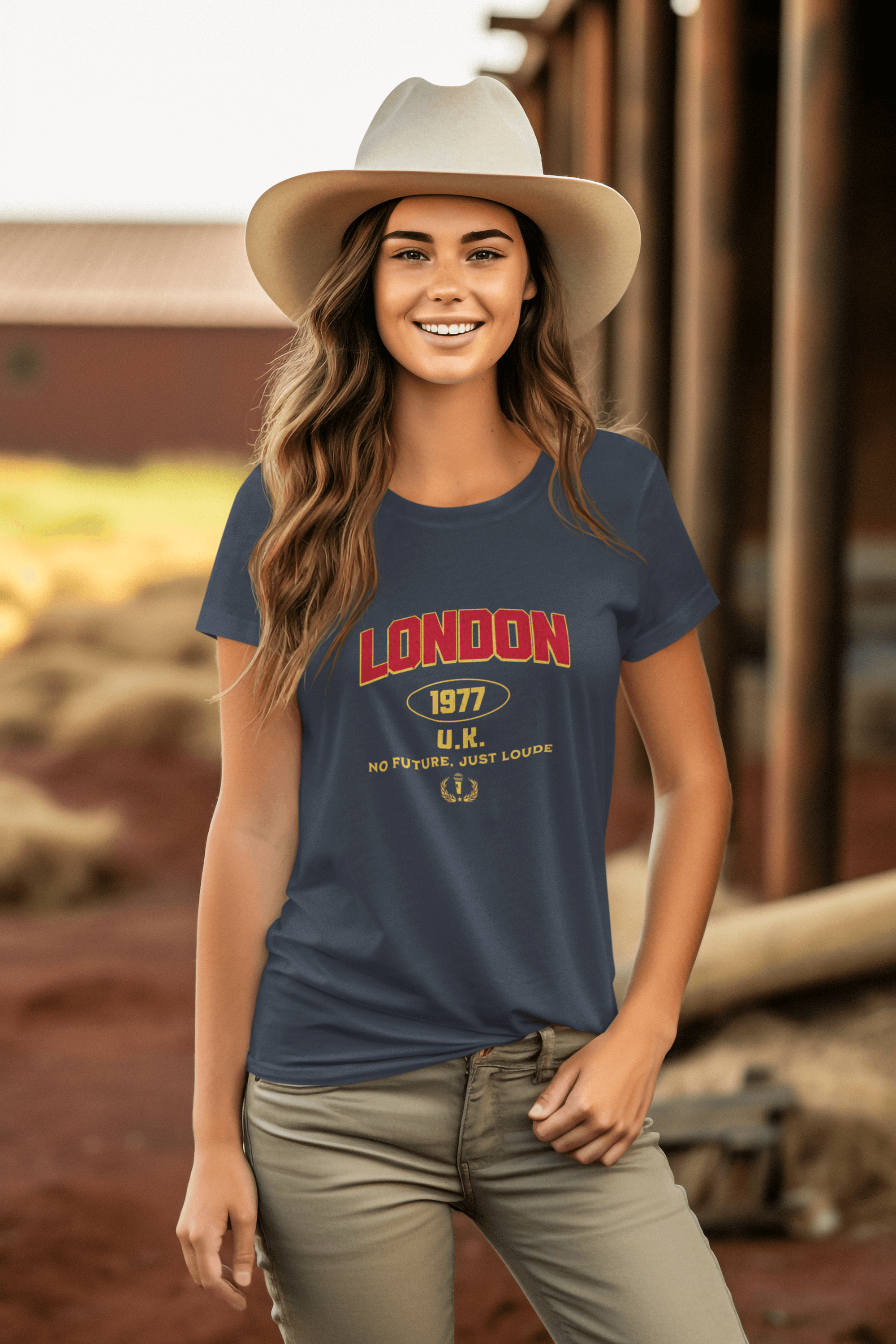 Woman wearing London 1977 unisex tee with bold lettering, promoting punk culture and soft cotton comfort.