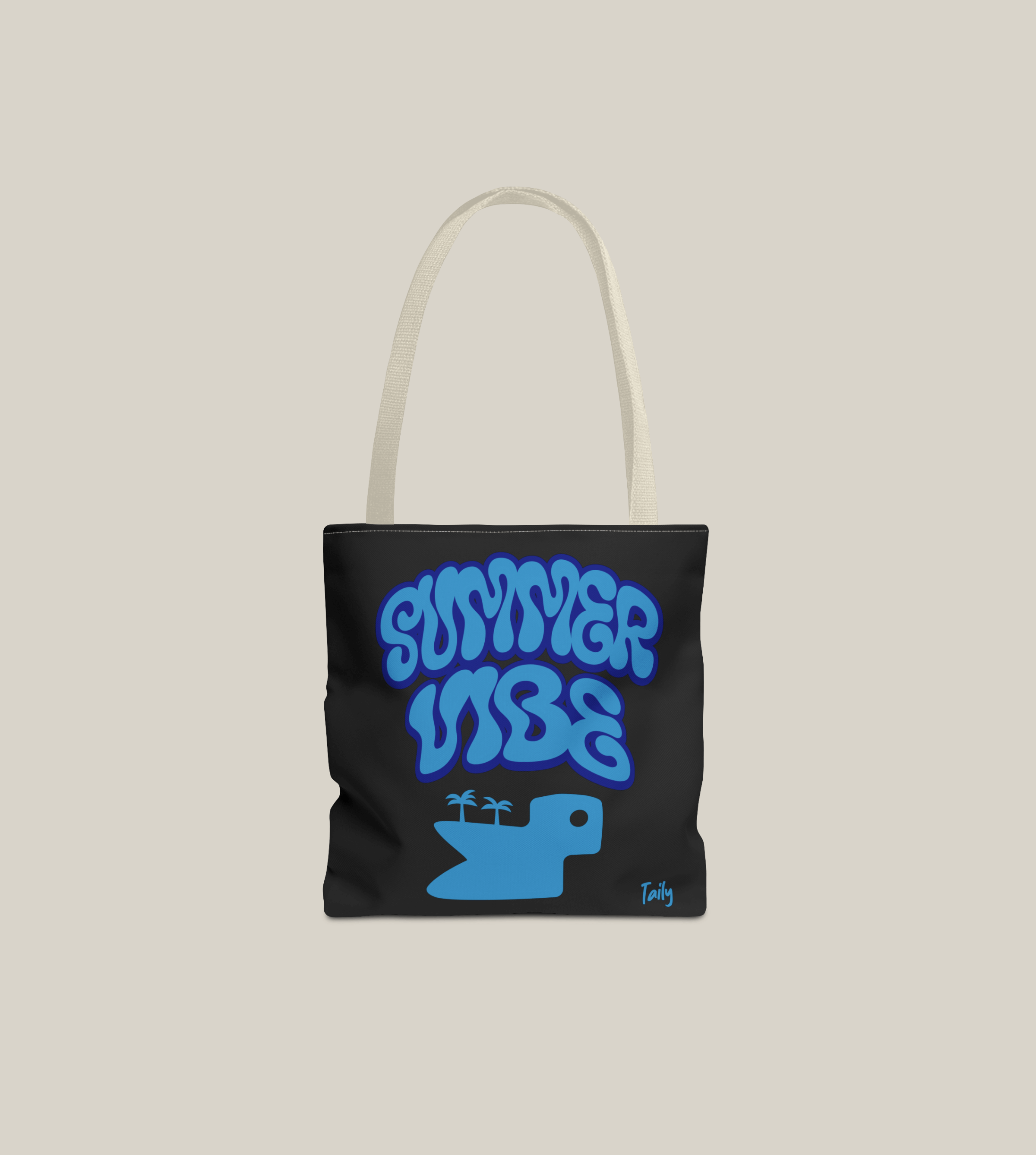 Black Summer Vibe Tote Bag by Taily Apparel with bold retro lettering and playful design.