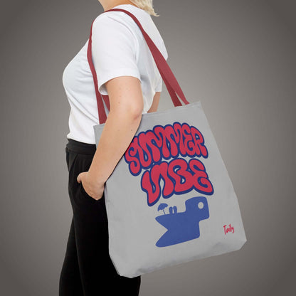SUMMER VIBE tote bag featuring an all-over graphic design, ideal for summer outings and stylish accessories.