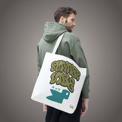 SUMMER VIBE tote bag featuring all-over graphic print, ideal for summer outings and casual style.