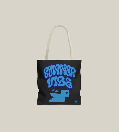 SUMMER VIBE tote bag featuring all-over graphic print in blue on a black background, perfect for sunny outings.