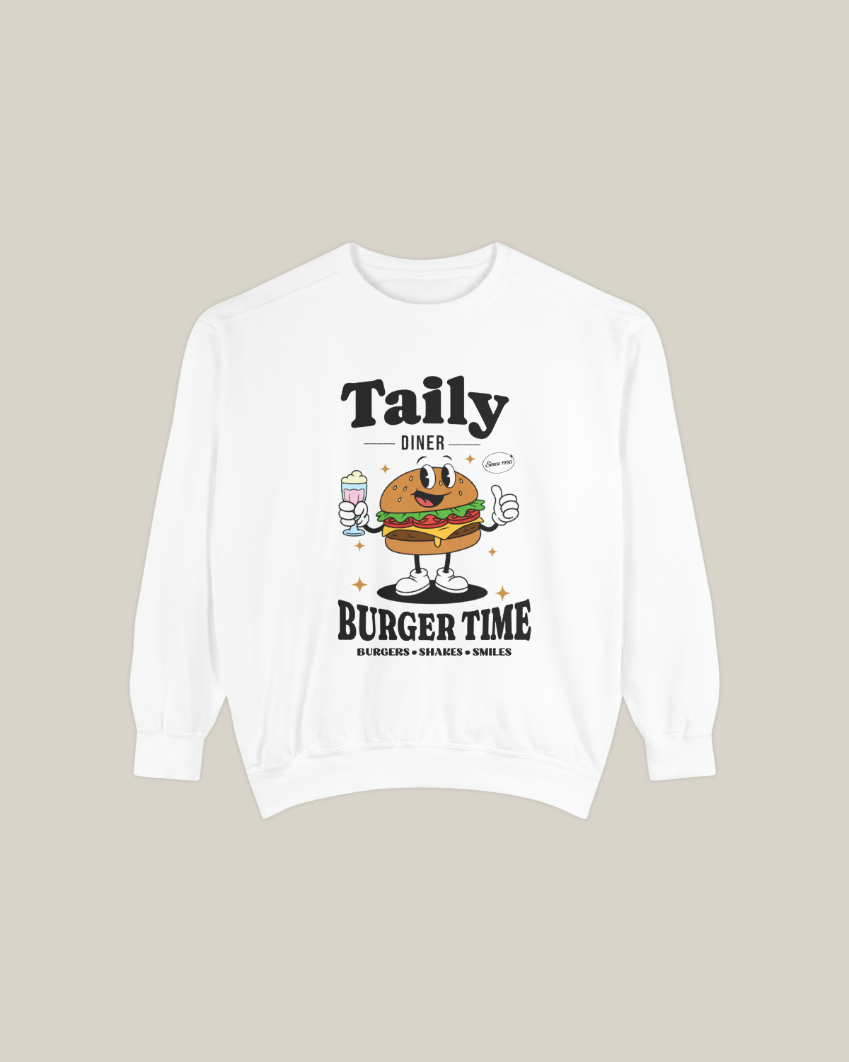 Taily Diner Burger Time sweatshirt in white featuring a smiling burger mascot and retro slogan.
