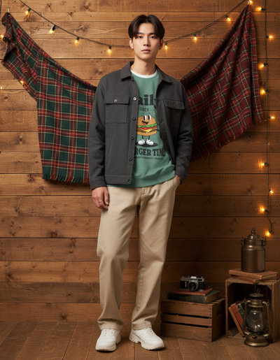 Model wearing Taily Diner Burger Time sweatshirt in light green with a retro burger graphic and cheerful slogan.