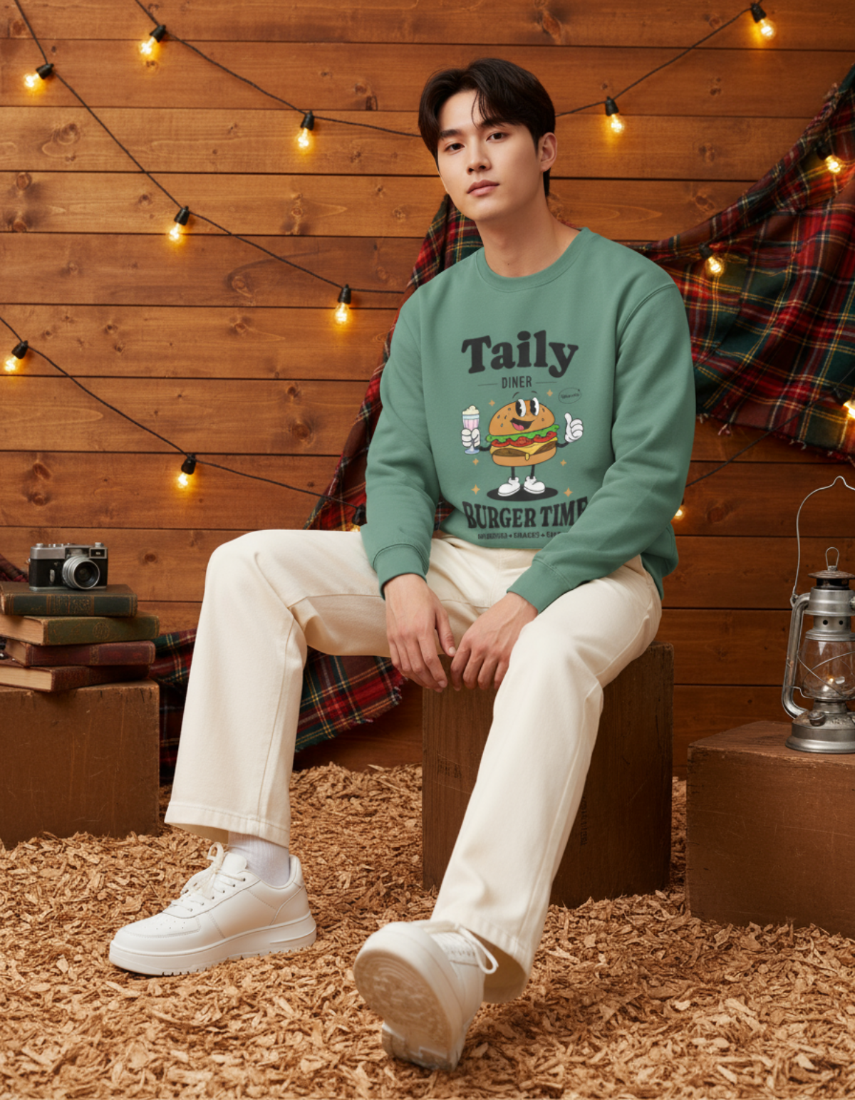 Taily Diner Burger Time sweatshirt in light green worn by a model, featuring a cheerful burger mascot and retro design.