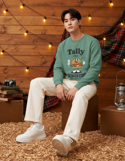 Taily Diner Burger Time sweatshirt in light green worn by a model, featuring a cheerful burger mascot and retro design.