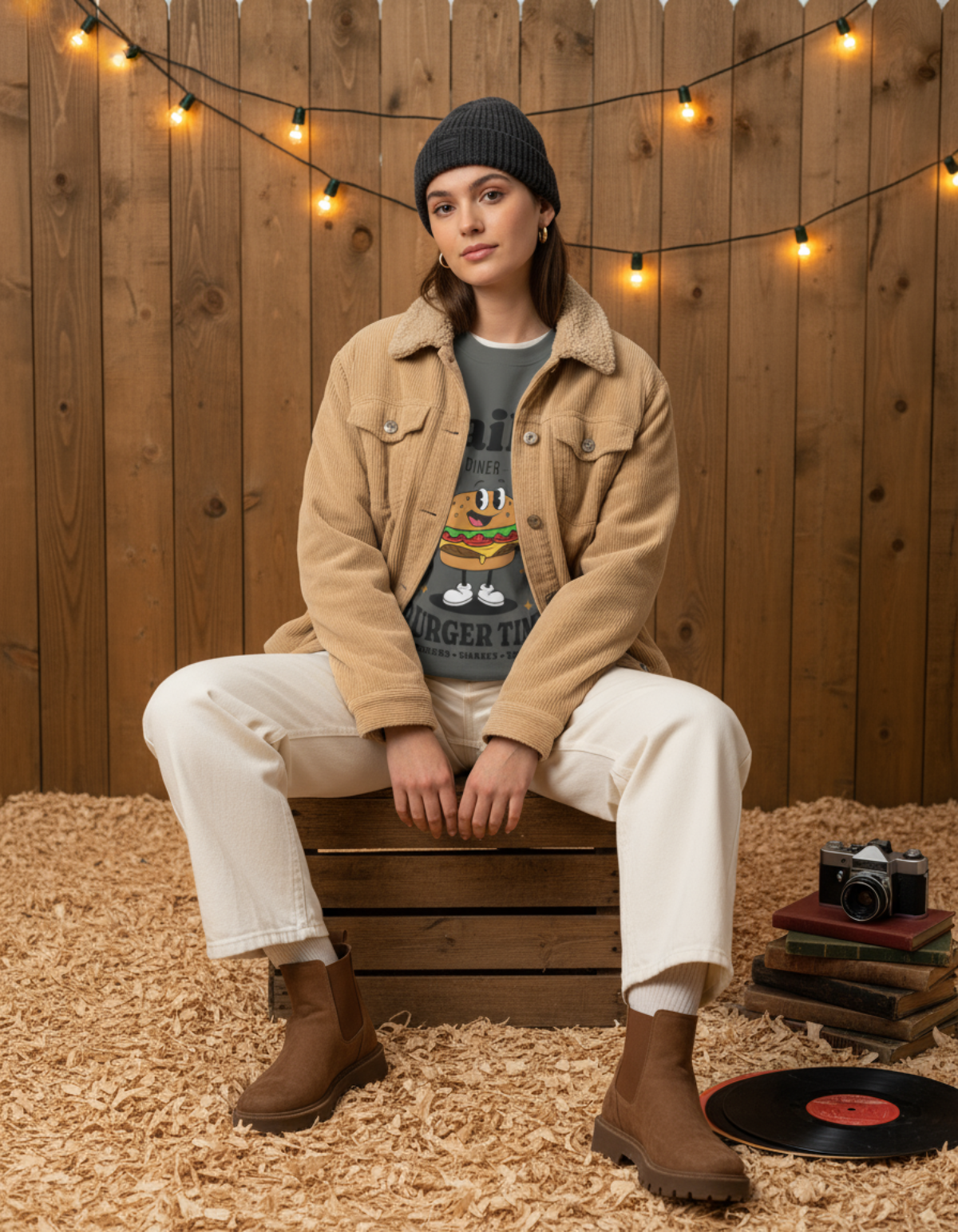 Model wearing Taily Diner Burger Time sweatshirt and stylish outfit in cozy setting with lights.