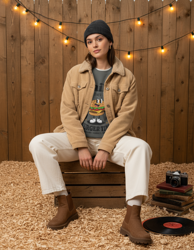 Model wearing Taily Diner Burger Time sweatshirt and stylish outfit in cozy setting with lights.