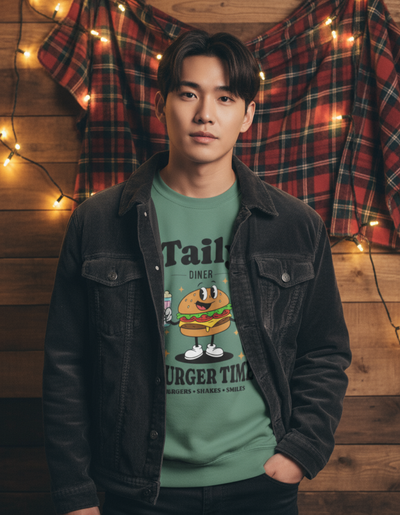 Model wearing light green Taily Diner Burger Time sweatshirt featuring a burger mascot.