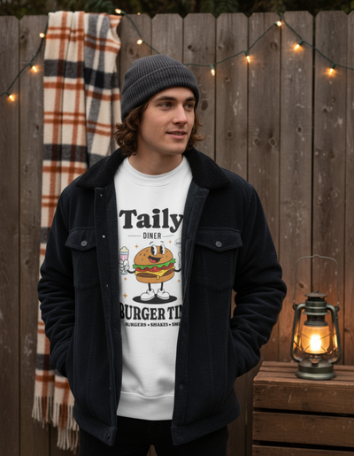 Man wearing a Taily Diner Burger Time sweatshirt in white, smiling with a burger mascot design, outdoors.