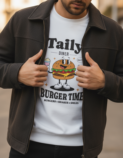 Model wearing Taily Diner Burger Time sweatshirt featuring smiling burger mascot and vintage diner aesthetic.