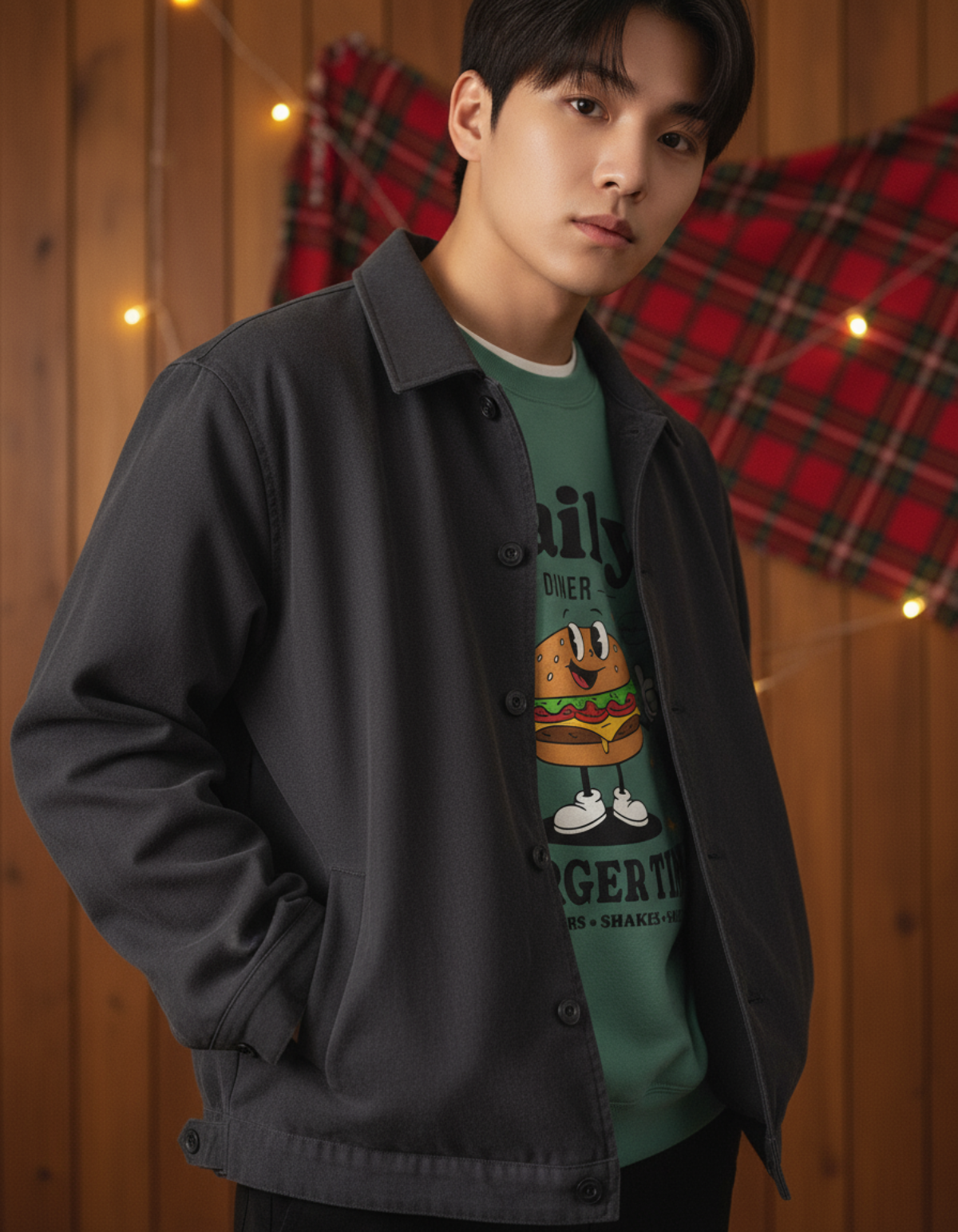 Young man wearing a dark jacket over a Light Green Burger Time sweatshirt, showcasing classic diner style.