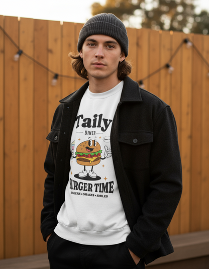 Model wearing Taily Diner Burger Time sweatshirt in white, featuring a playful burger mascot design.