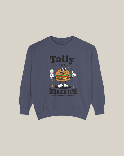 Taily Diner Burger Time sweatshirt featuring a smiling burger mascot and slogan Burgers • Shakes • Smiles.