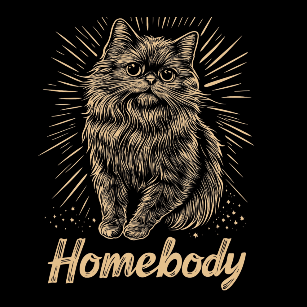 Illustration design featuring a detailed Persian cat on a black background with the text 'Homebody' below, radiating a cozy and homely vibe.