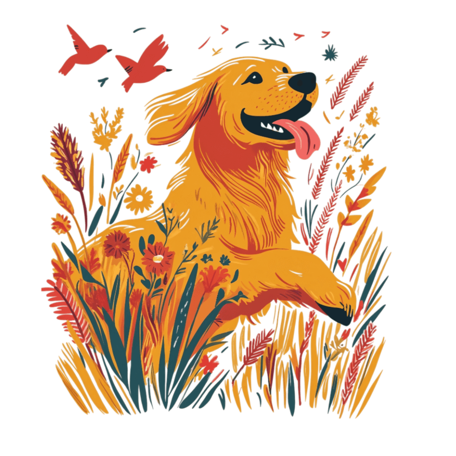 An illustration of a golden retriever joyfully running through a field of wildflowers, surrounded by flying birds and vibrant plants, radiating energy and a connection to nature.