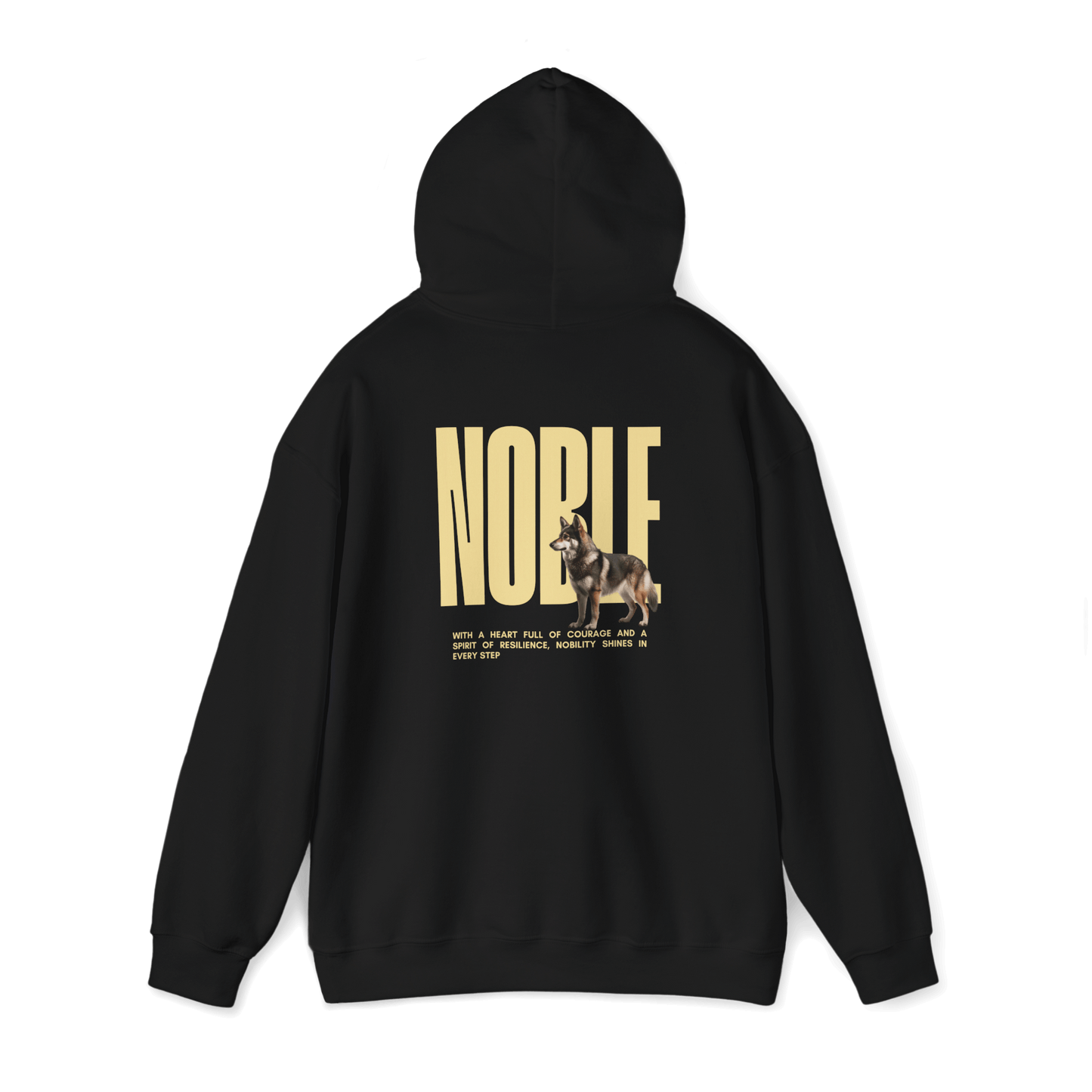 Black hoodie featuring "NOBLE" design and Swedish Vallhund illustration, perfect for dog lovers and relaxed fit wear.