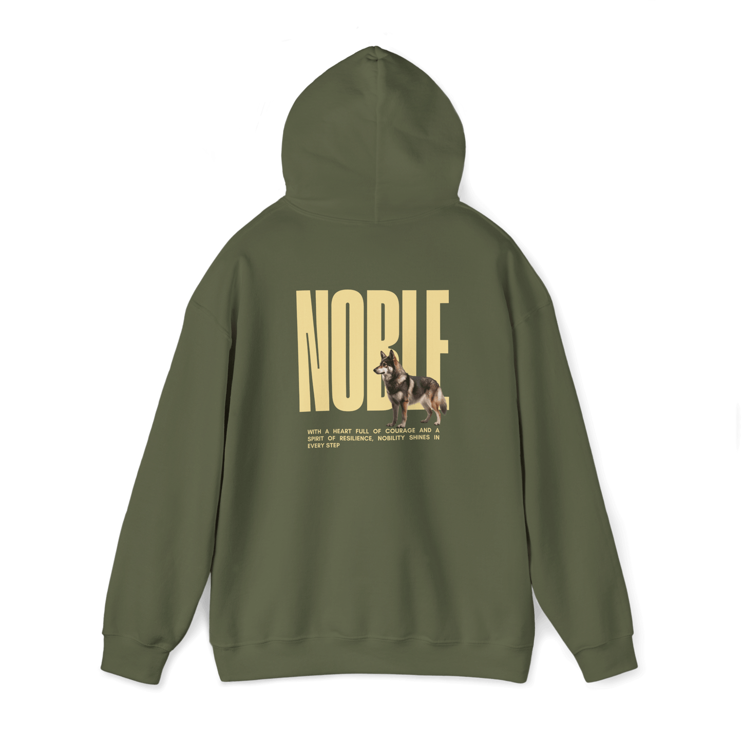 Back view of Swedish Vallhund hoodie with "NOBLE" text and dog illustration, showcasing relaxed fit and Nordic design.