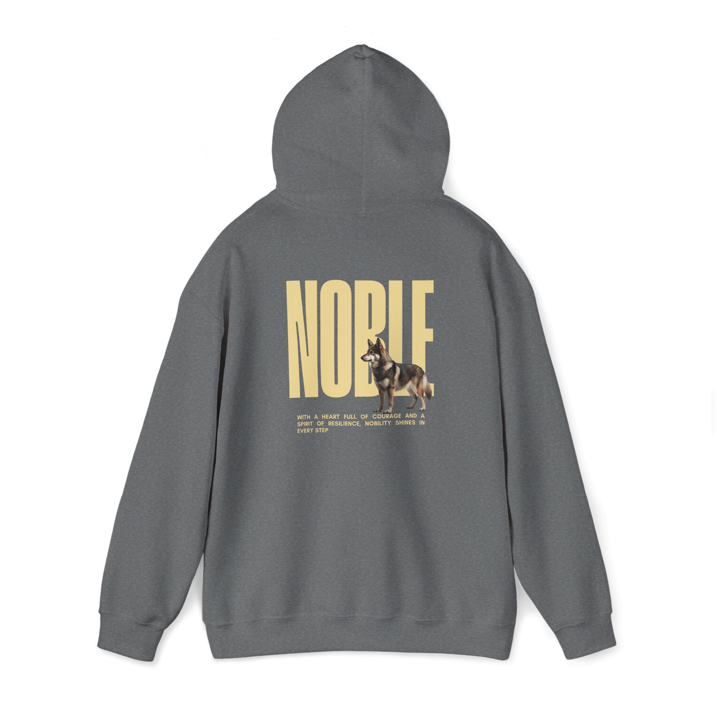 Back view of Swedish Vallhund hoodie with "NOBLE" design, featuring relaxed fit and dog illustration.