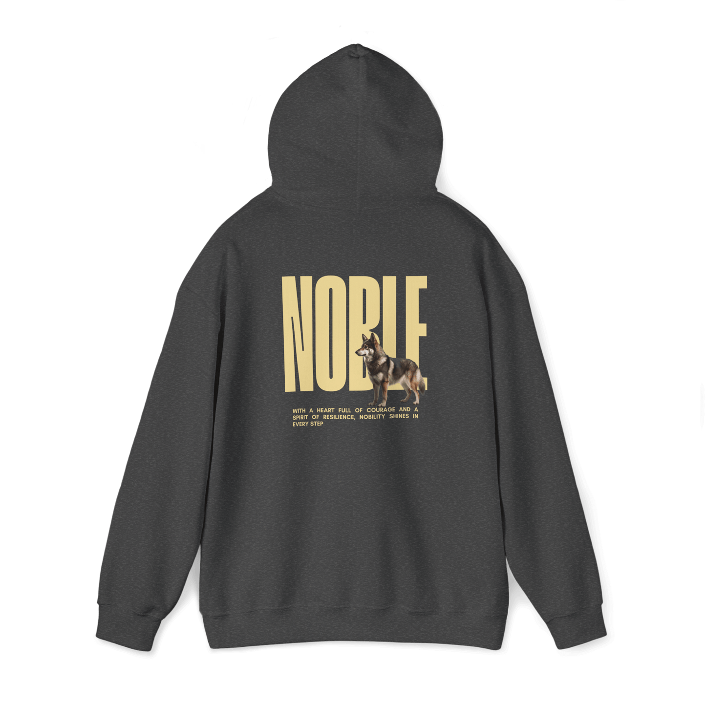 Dark hoodie featuring "NOBLE" text and a Swedish Vallhund illustration, embodying relaxed fit and Nordic pride.