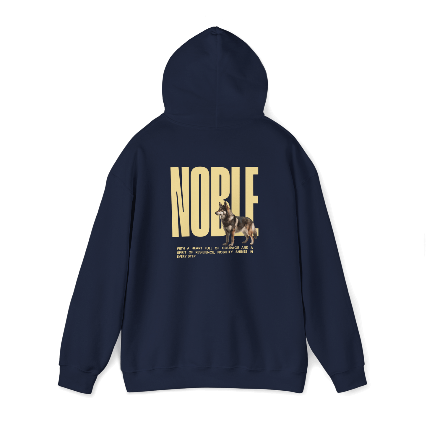 Swedish Vallhund hoodie featuring "NOBLE" design on back, showcasing relaxed fit and dog-inspired art.