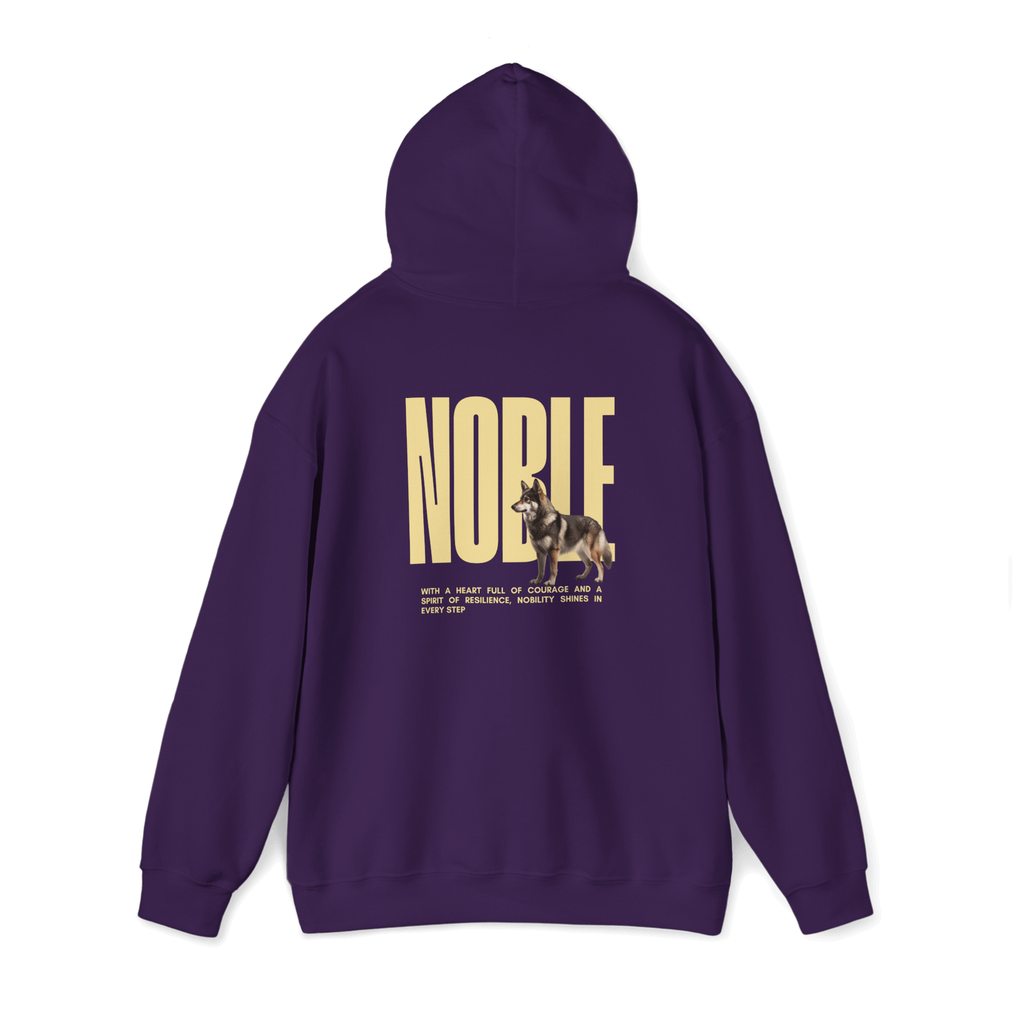 Swedish Vallhund hoodie with "NOBLE" design, showcasing relaxed fit and dog-inspired artwork on a purple background.