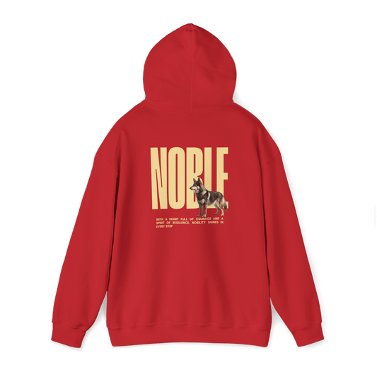 Red hoodie with "NOBLE" label and Swedish Vallhund design, showcasing relaxed fit and Nordic pride.