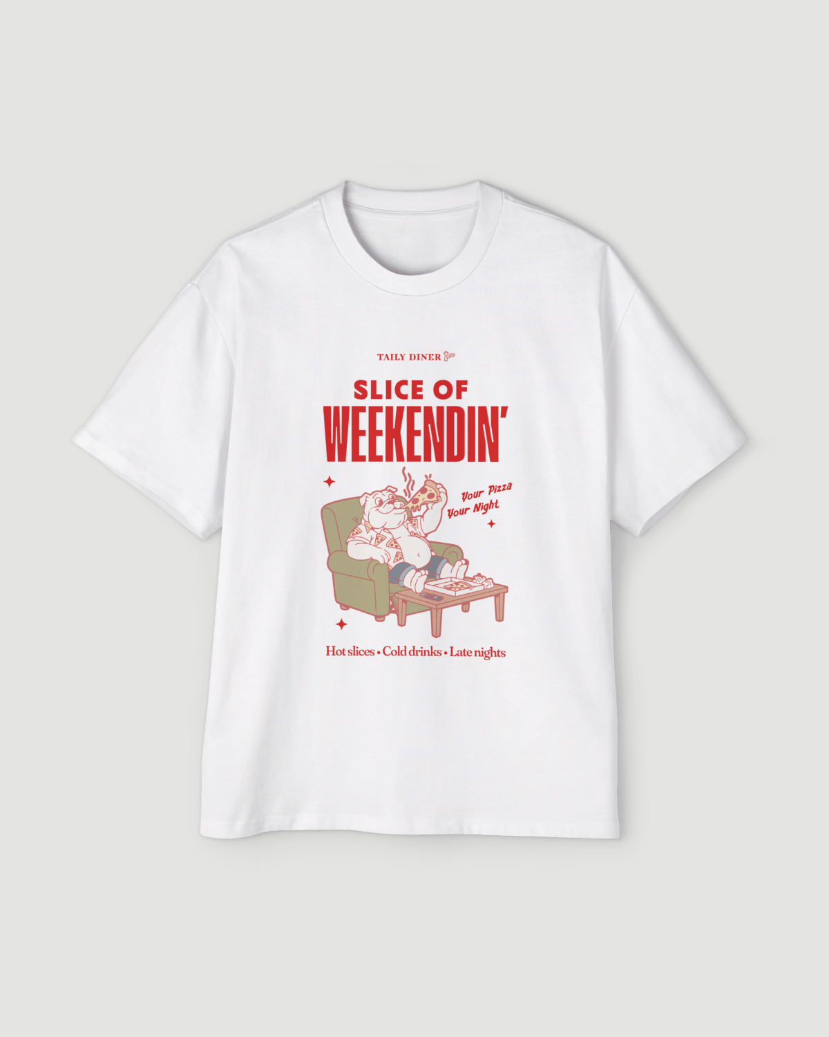 Oversized Pizza T-Shirt – Slice of Weekendin’ (White) with bold graphics and relaxed design showcasing pizza and drinks.