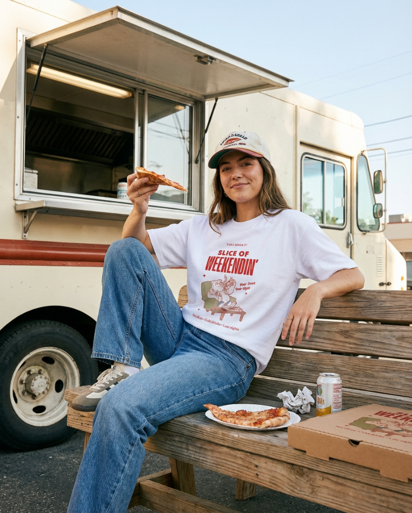 Oversized Pizza T-Shirt – Slice of Weekendin’ (White) lifestyle image 1