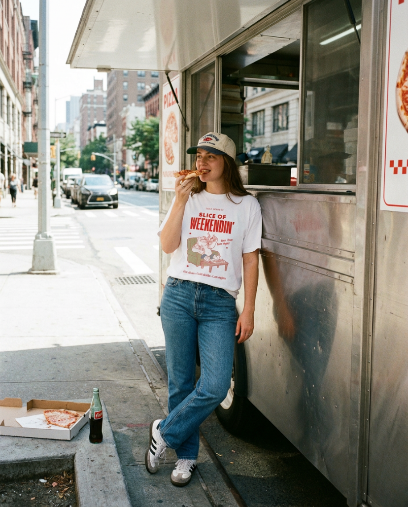 Oversized Pizza T-Shirt – Slice of Weekendin’ (White) lifestyle image 2