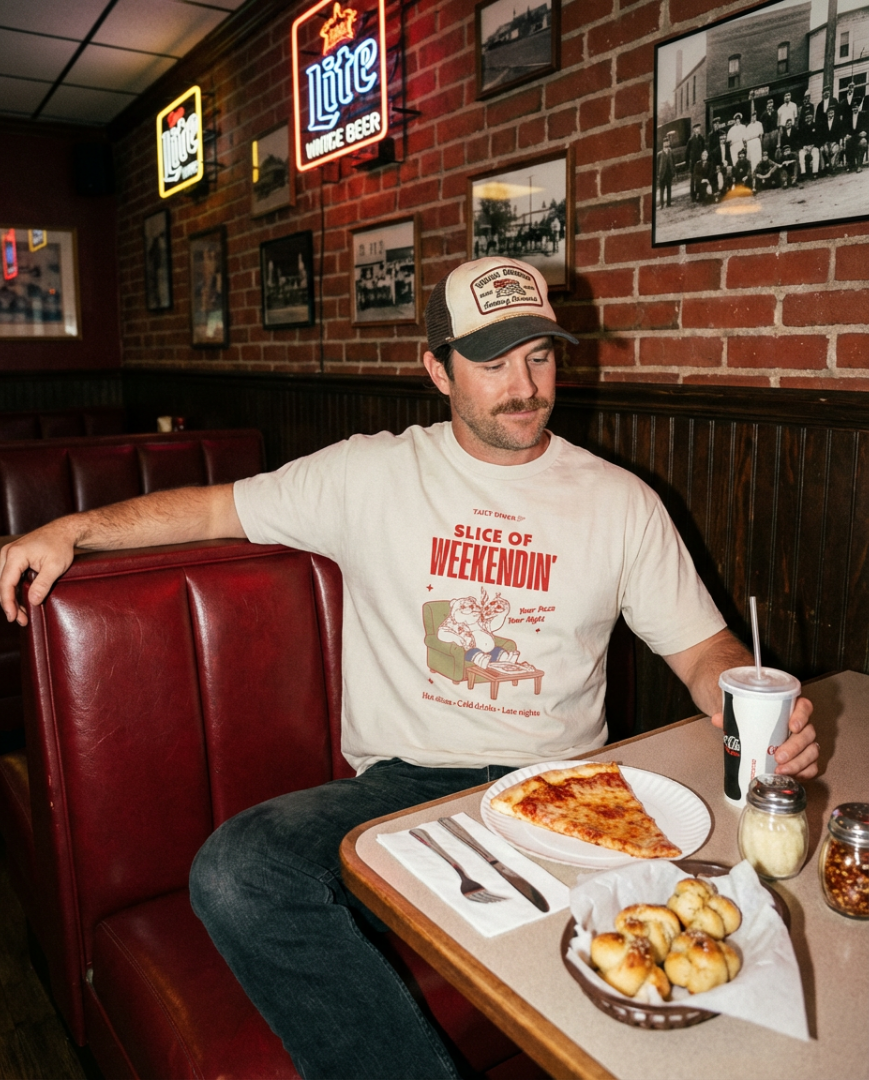 Oversized Pizza T-Shirt – Slice of Weekendin’ (Ecru)