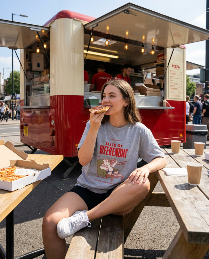 Oversized Pizza T-Shirt – Slice of Weekendin’ (White) lifestyle image 3