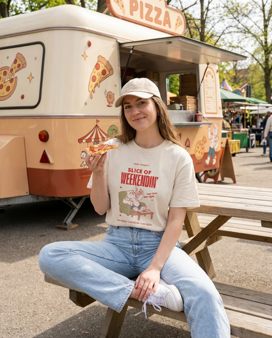 Oversized Pizza T-Shirt – Slice of Weekendin’ (Ecru) lifestyle image 2