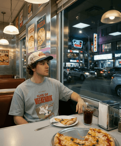 Oversized Pizza T-Shirt – Slice of Weekendin’ (Athletic Heather) worn by a young man in a diner setting.