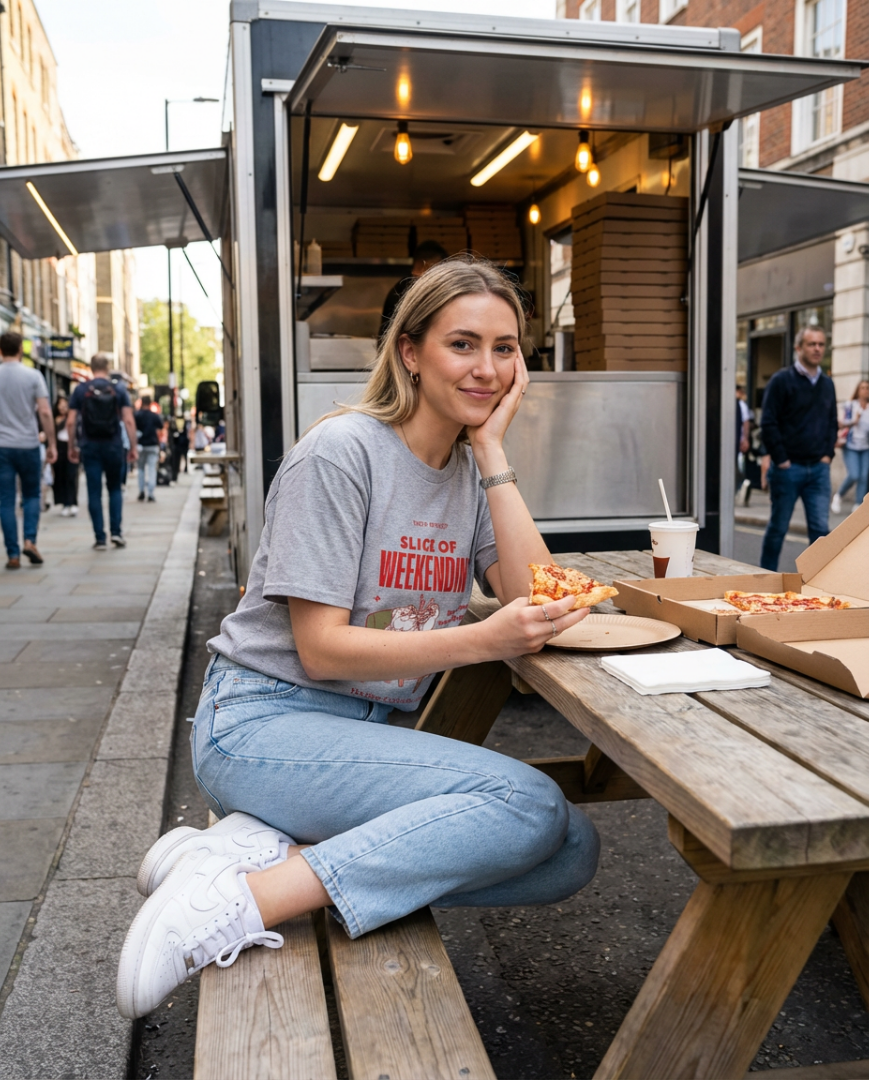 Oversized Pizza T-Shirt – Slice of Weekendin’ (White) lifestyle image 4