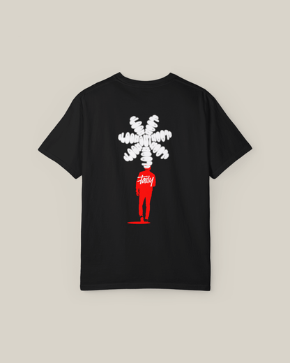 Taily Bloom streetwear graphic t-shirt in black with unique chest logo and bold BACK design.