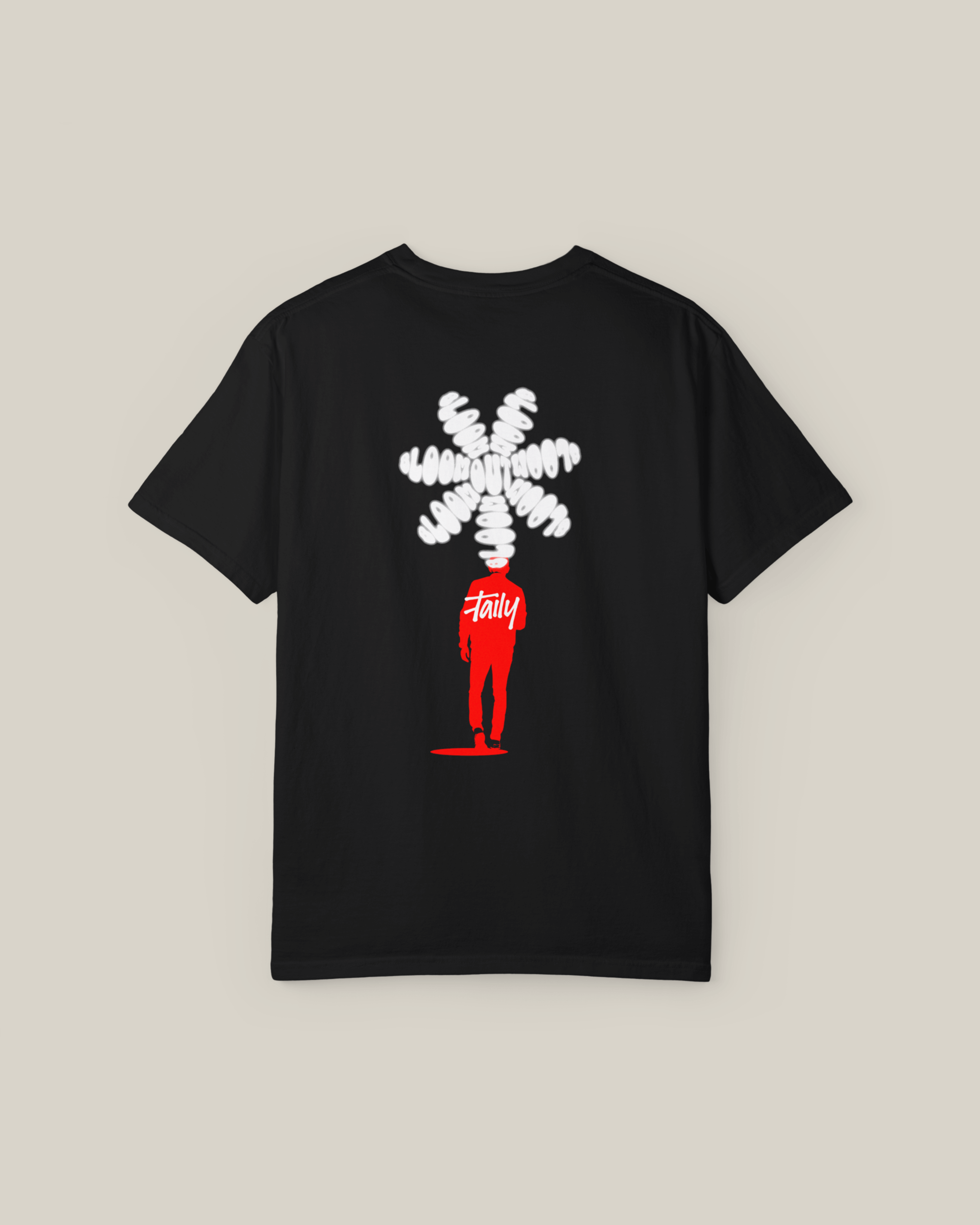 Taily Bloom streetwear graphic t-shirt in black with unique chest logo and bold BACK design.