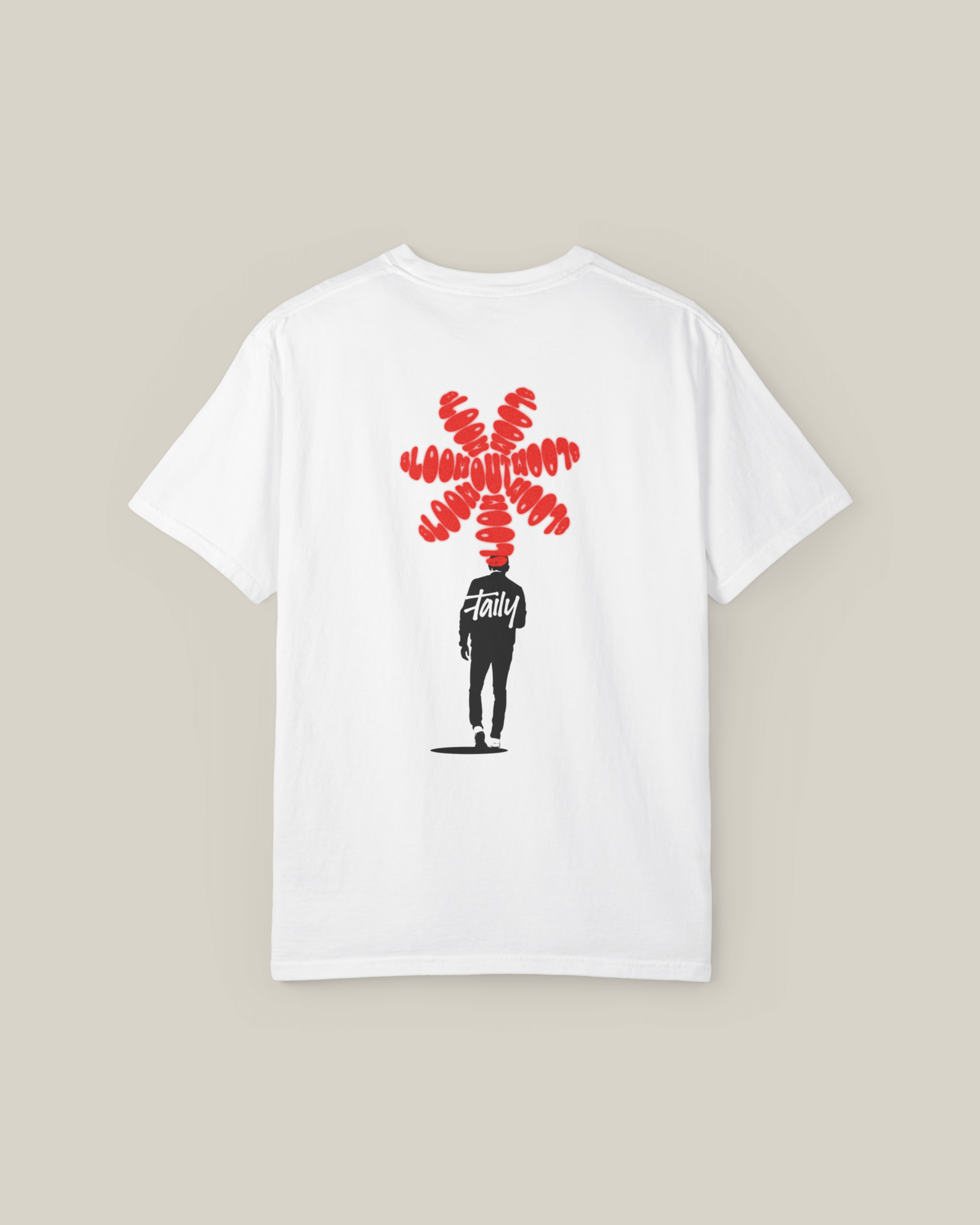 Taily Bloom streetwear graphic t-shirt in white with bold artwork on the back.