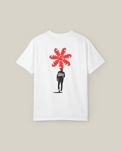 Taily Bloom streetwear graphic t-shirt in white with bold artwork on the back.