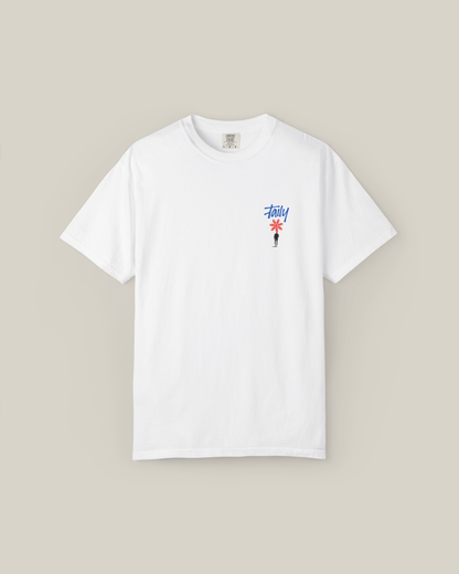 Taily Bloom Streetwear Graphic T-shirt in white with chest logo, a trendy streetwear graphic t-shirt for urban style.