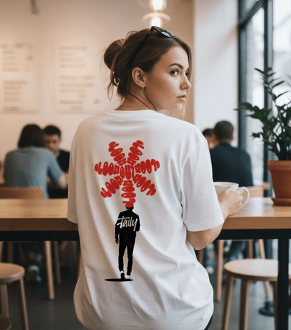 Taily Bloom Streetwear Graphic T-shirt in white, showcasing back logo and bold BLOOM artwork.