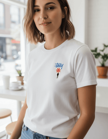 Taily Bloom streetwear graphic t-shirt in white featuring chest logo, worn by a model in a bright indoor setting.