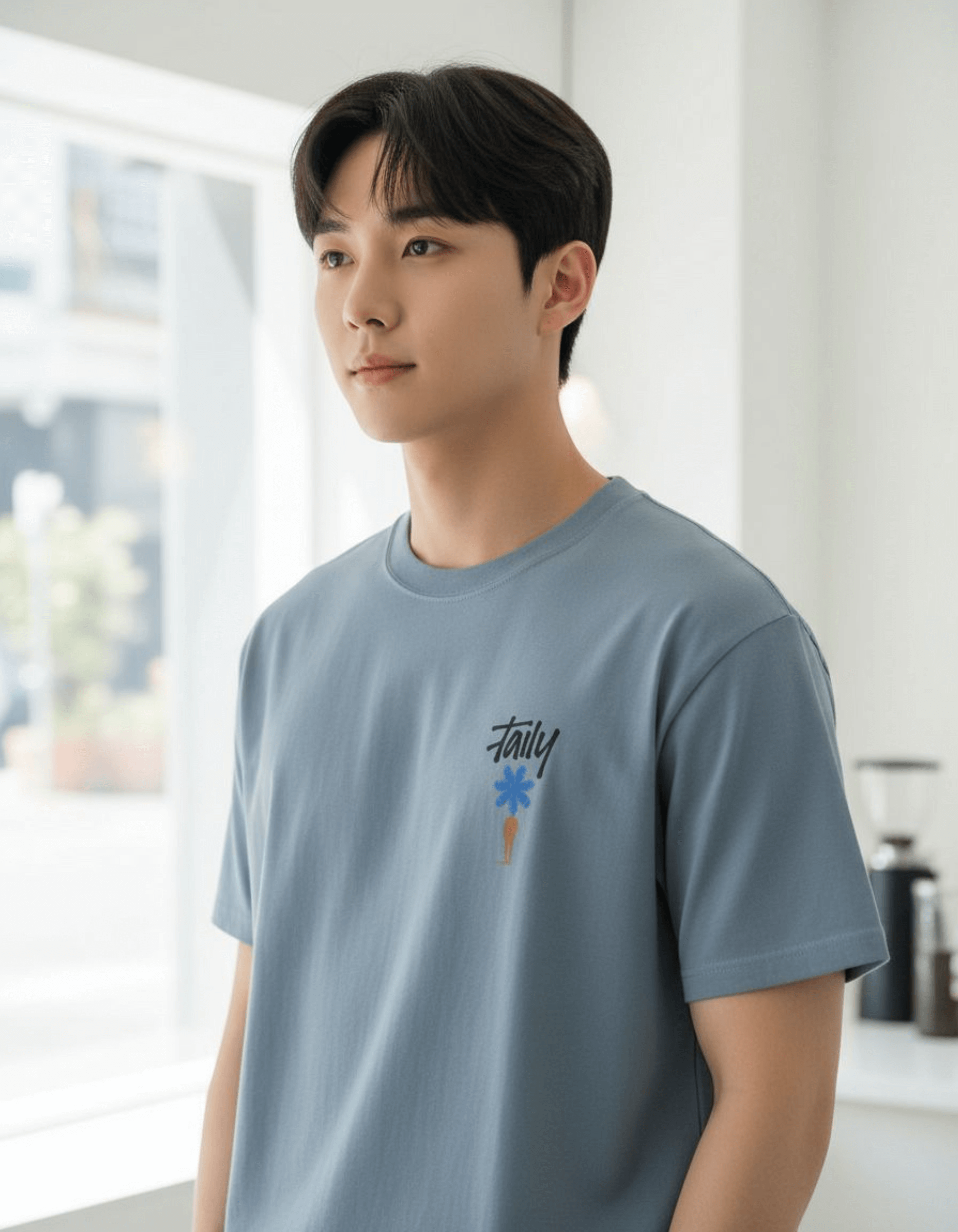 Model wearing Taily Bloom Tee in ice blue, a streetwear graphic t-shirt with logo and bold back design.