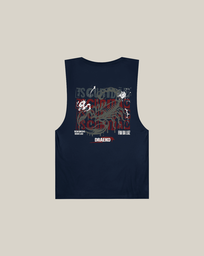 Navy tank top featuring a red scorpion graphic and small logo, perfect for streetwear style.
