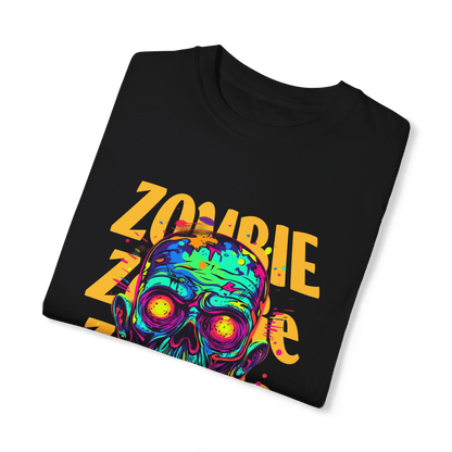 Zombie Contagion Unisex T-Shirt featuring vivid zombie graphic design on black background, perfect for horror fans.