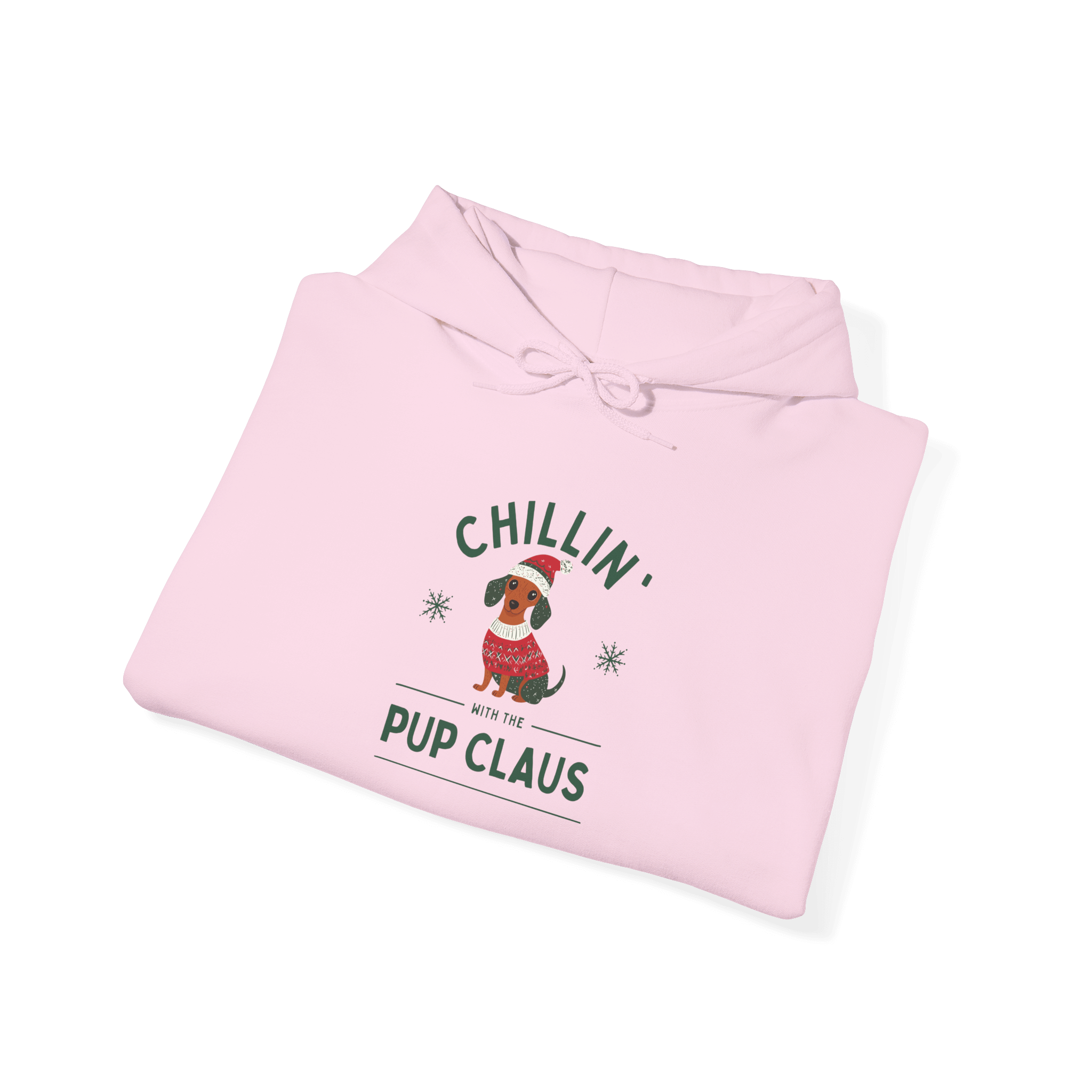 Cozy pink hoodie featuring 'Chillin’ with Pup Claus' dog design, perfect for festive holiday comfort.