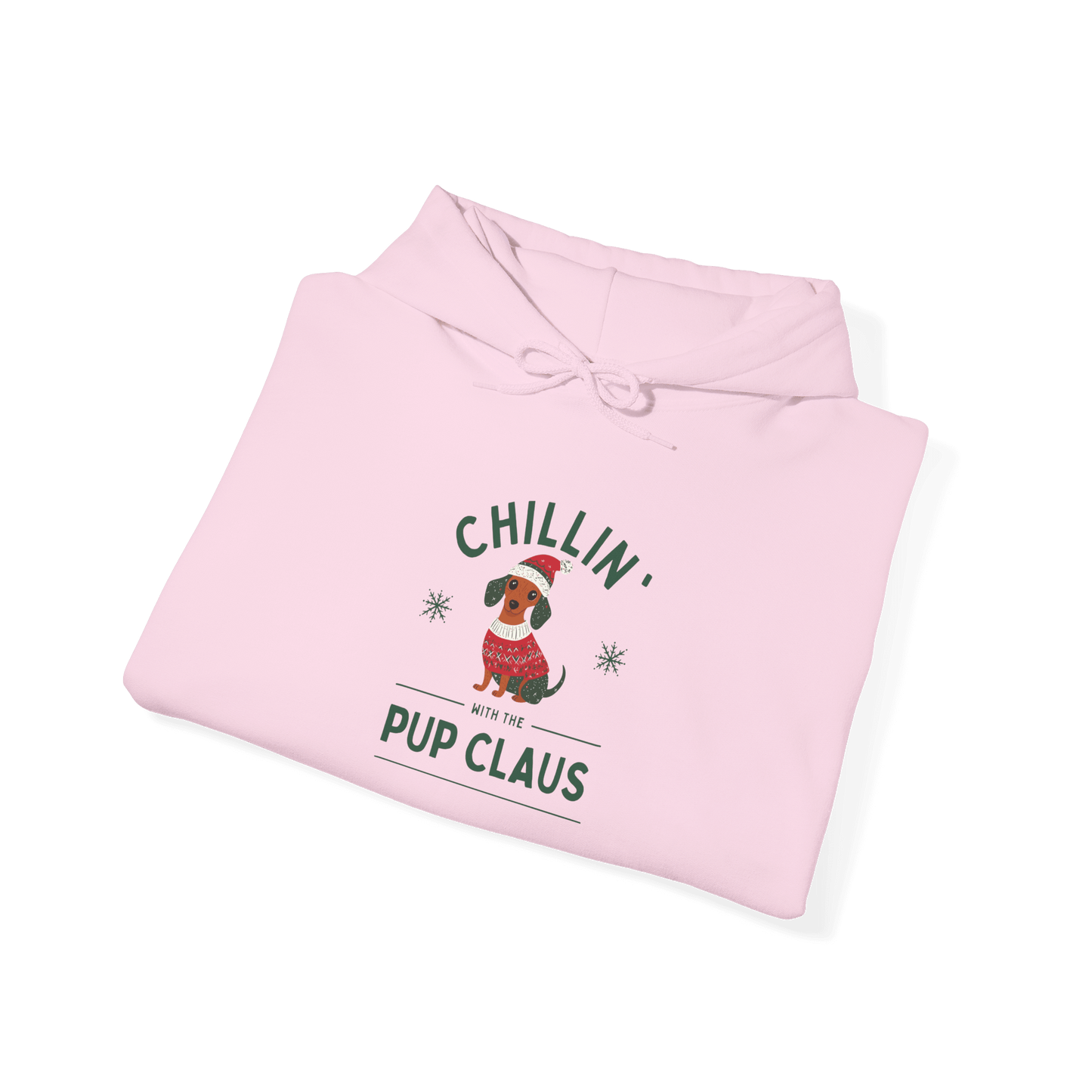 Cozy pink hoodie featuring 'Chillin’ with Pup Claus' dog design, perfect for festive holiday comfort.