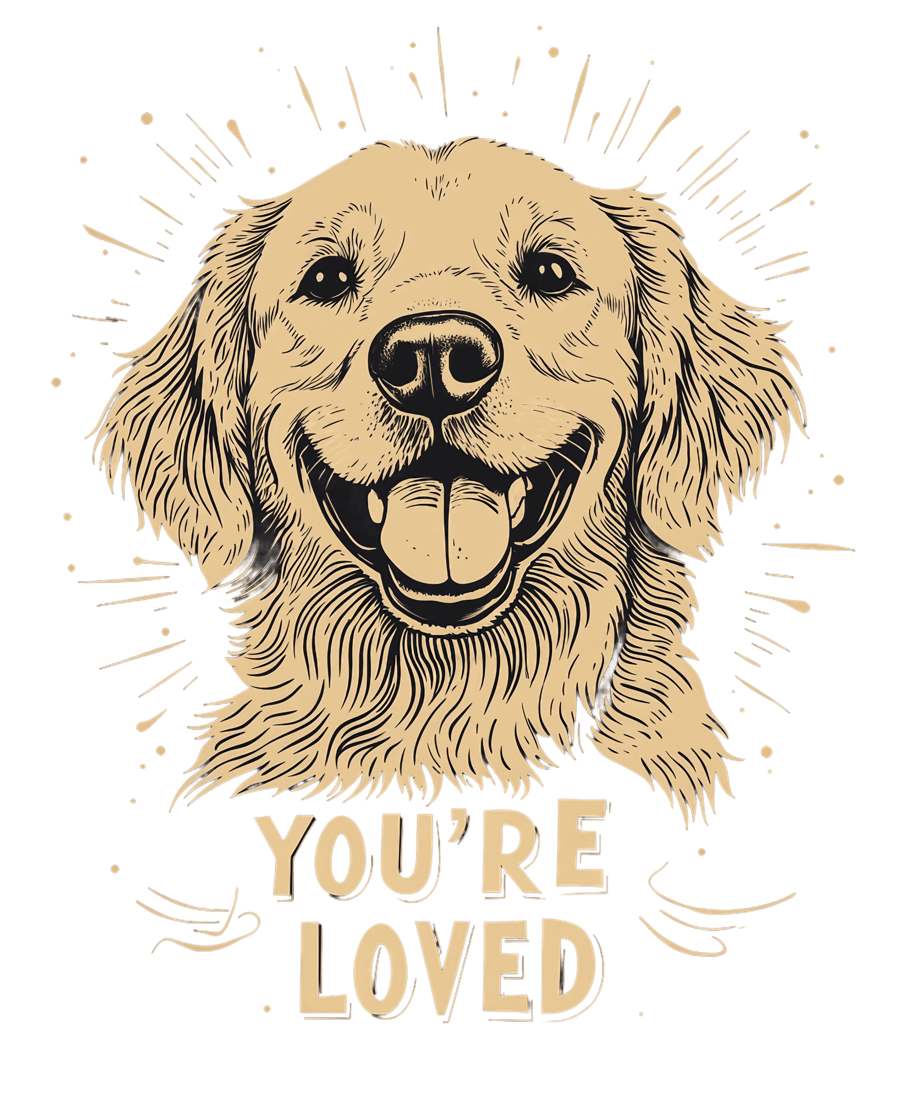 An illustration of a smiling golden retriever with the text 